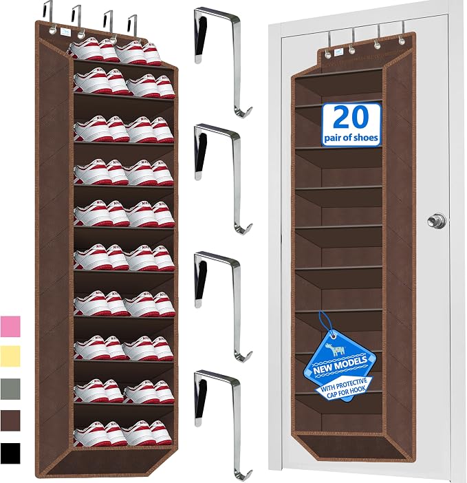 Over the Door Shoe Organizer, 20 to 30 Pairs Hanging Shoe Holder, Heavy Duty Extra Deep Pockets Shoe Storage for Closet, Anti-Scratch Hooks & FSC-Certified Bamboo - Coffee by Zebricolo