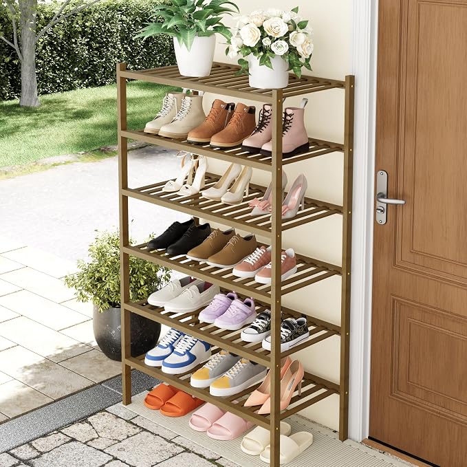 Smiry Shoe Rack, 6 Tier Thick Bamboo Shoe Organizer, Stackable Free Standing Wooden Shoe Storage Shelf for Closet, Entryway, Front Door Entrance, Walnut - Image 7