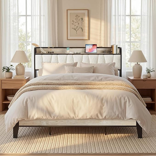 LIKIMIO California King Bed Frames, Bouclé Storage Headboard with Charging Station, Solid and Stable, Noise Free, No Box Spring Needed, Easy Assembly