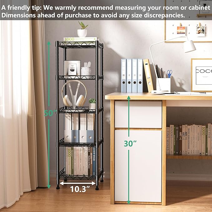 GIOTORENT 5 Tier Standing Shelving Metal Units, Adjustable Height Wire Shelf Display Rack for Laundry Bathroom Kitchen 11.8 W x 11.8 D x 50 H (5-Tier, Black) - Image 3