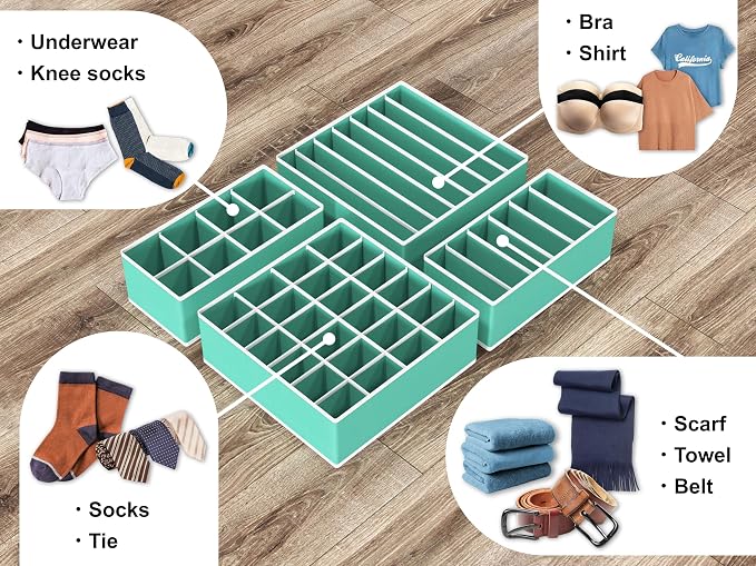 Simple Houseware 4-Pack Drawer Organizer Set - Closet Dividers for Underwear, Socks, Bras, Scarves, Ties - Foldable Non-Woven Storage Boxes, Turquoise - Image 4