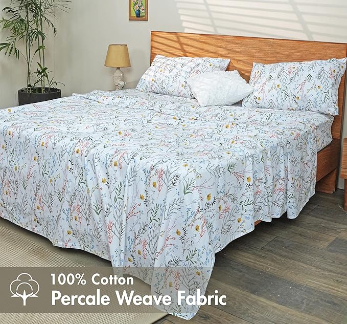 RUVANTI 100% Cotton Sheets – California King Percale Bedding, Cooling & Breathable Floral Design, Durable with a Crisp, Soft & Comfortable Feel, 14" Deep Pocket, 4-Piece Set, Aroma