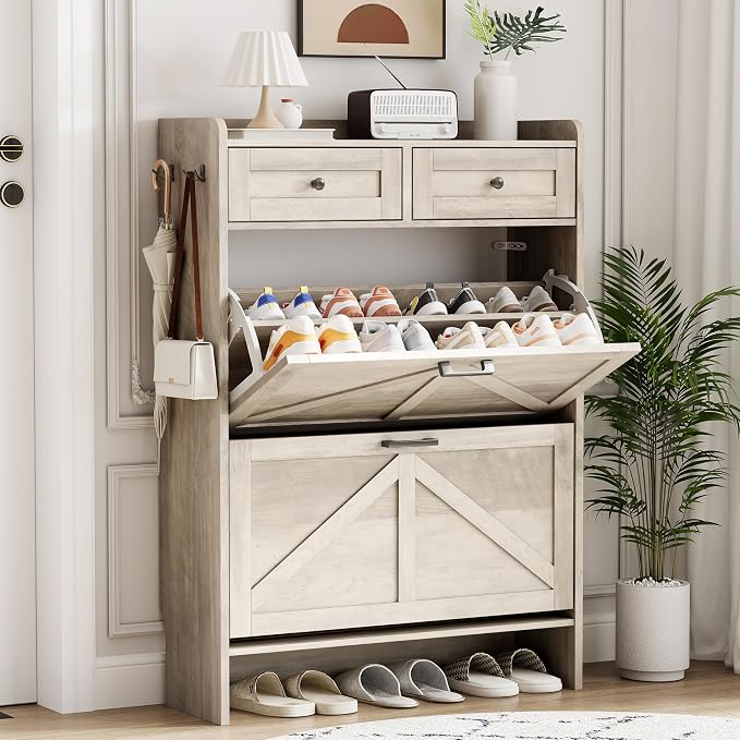 Shoe Cabinet with 2 Flip Drawers & 2 Top Drawers, 43" Tall Freestanding Narrow Wooden Shoe Storage Organizer for Entryway, Hidden Slim Shoe Rack for Front Door Entrance, Hallway, Living Room, Grey by Xixini
