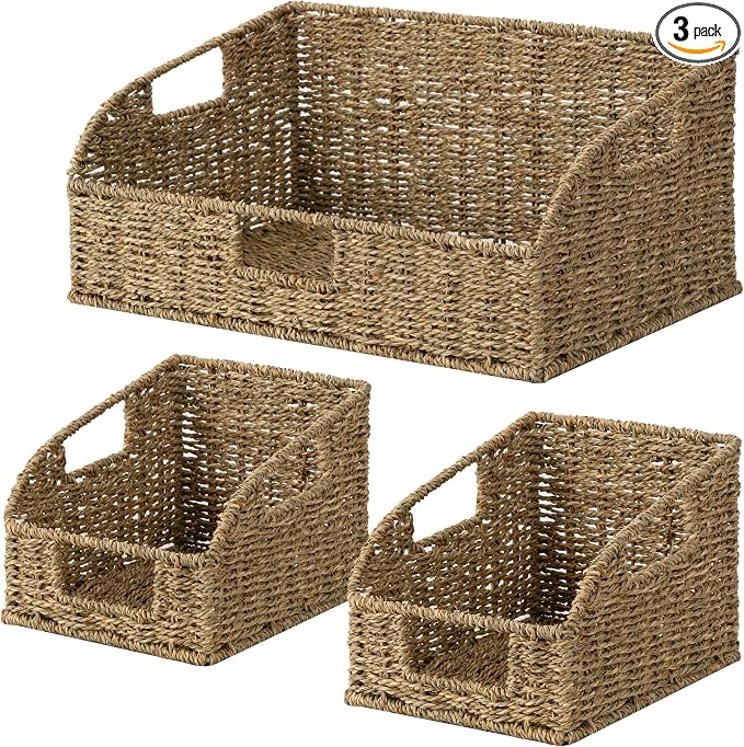 StorageWorks Seagrass Pantry Storage Baskets, Wicker Baskets with Built-in Handles, Handwoven Shelf Baskets for Organizing, Pantry Organizers and Storage, 3 Pack by StorageWorks