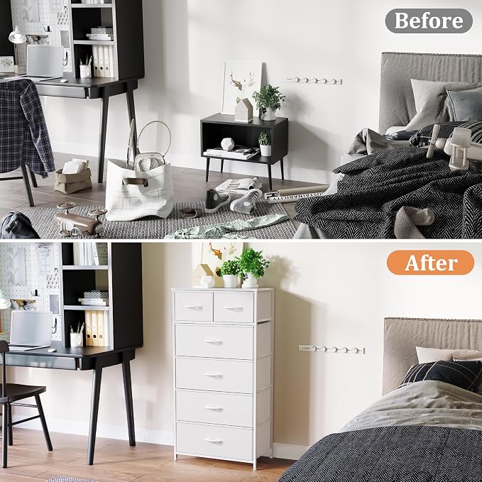 Fabric Dresser for Bedroom, Tall Skinny Dresser with 6 Drawers, Storage Organizer Tower, Steel Frame Wooden Top for Closet, Living Room, Hallway(White) - Image 3