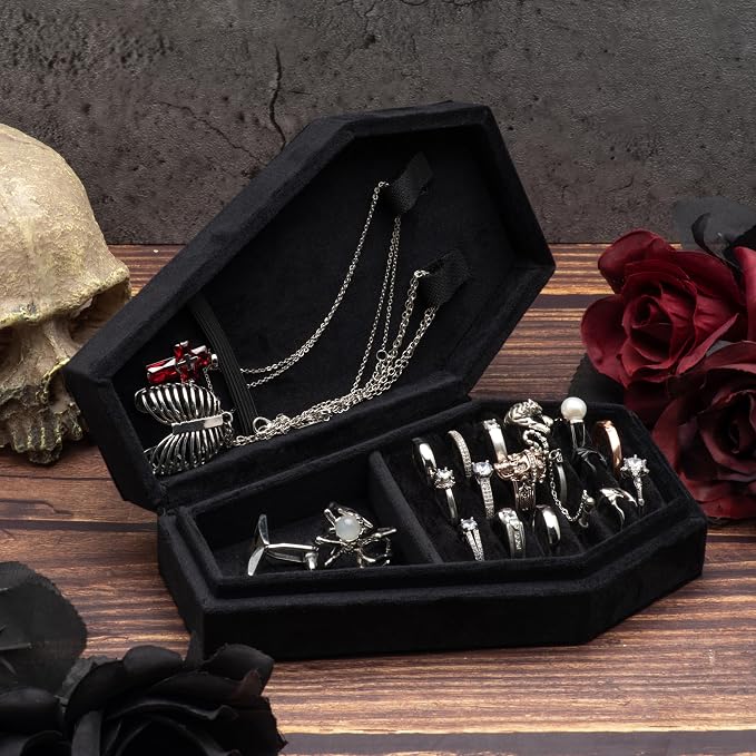 Velvet Coffin Jewelry Travel Case Holder for Gothic Wedding Ceremony Jewelry Organizer Decoration (Black) - Image 5