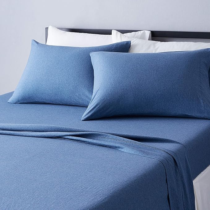 Amazon Basics 4 Piece Breathable Cotton Jersey Knit Bed Sheet Set with Deep Pockets, Stretchy Sheets, Queen, Chambray