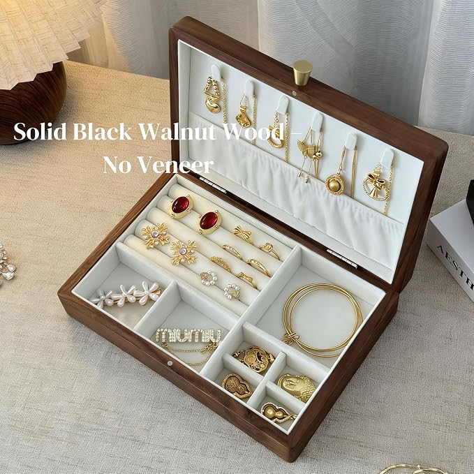 Bescott 1 Layer Solid Black Walnut Wooden Jewelry Box for Women Wood Vintage Organizer for Men Earrings Rings Necklaces Bracelet Watch Storage - Image 5
