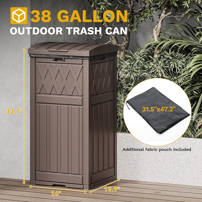 DWVO 36-Gallon Outdoor Trash Can with Fabric Bag, Tiered Lid & Drip Tray, Waterproof Resin Garbage Bin for Patio, Deck, and Backyard, Dark Brown - Image 7