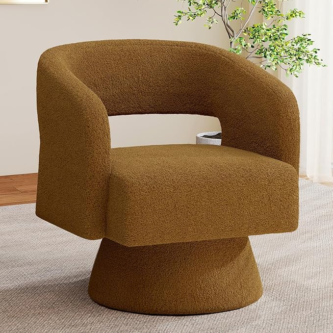 Nebuaegis Swivel Accent Chair, Modern Comfy Teddy Barrel Chairs, Oversized Upholstered Round Arm Chair for Living Room, Bedroom, Reading Room, Brown, 1 PCS