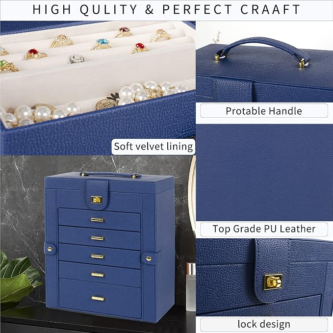 AKOZLIN Large Jewelry Box Organizer Functional with Big Mirror, Leather Jewelry Storage Case for Women Girls Ring Necklace Earring Bracelet Holder Organizer Blue - Image 4