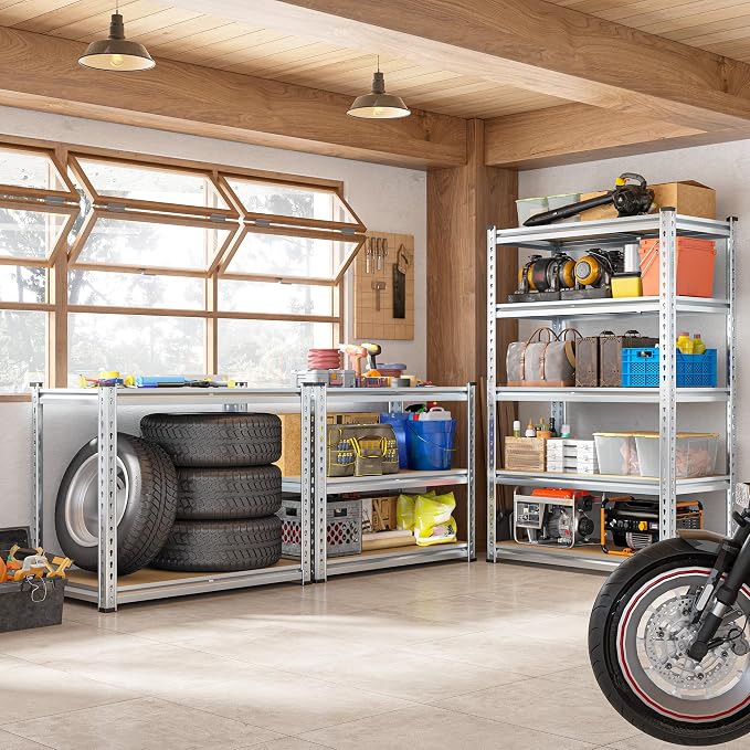 REIBII Garage Shelving, 5 Tier Storage Shelves Load 2400LBS, Adjustable Garage Shelving Heavy Duty, Metal Shelving Unit with Waterproof Columns, 35.5" W x 11.9" D x 72" H, Galvanized, 4 Pack - Image 7
