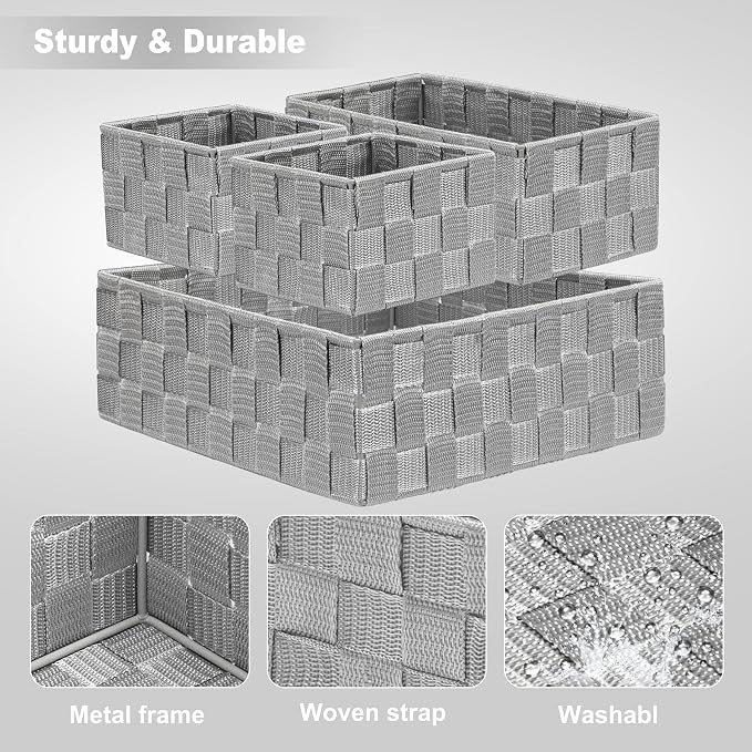 Posprica Drawer Organizer Bins,Woven Strap Storage Box Cube Basket Containers Divider for Organizing drawers, Shelves, Closets, Cabinets, Dressers and Countertops,set of 4, Light Grey - Image 3