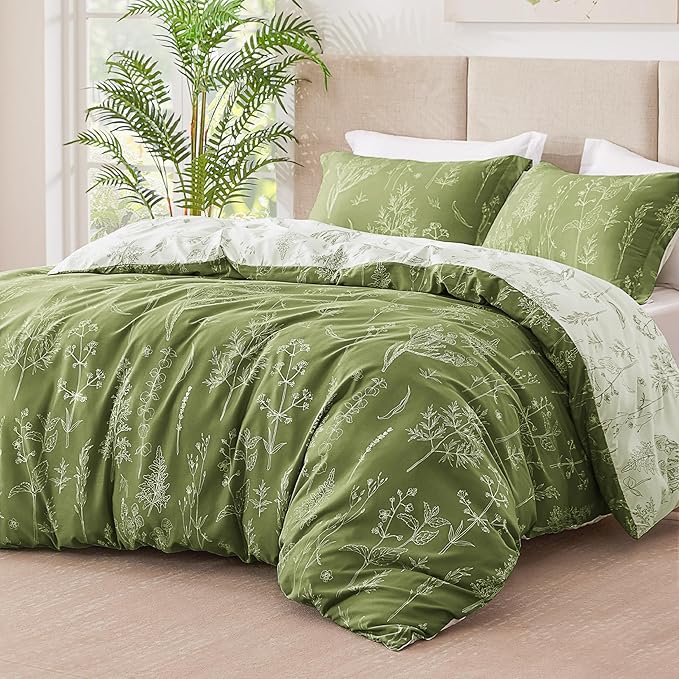 Love's cabin Olive Green Queen Comforter Set - Queen Size Comforter Set, 3 Pieces Cute Floral Bedding Sets for All Seasons,1 Soft Reversible Botanical Flowers Comforter and 2 Pillow Shams