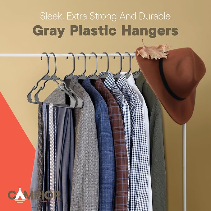 Gray Plastic Hangers 180 Pack– Heavy-Duty Plastic Hangers Slim and Space-Saving, Durable and Lightweight PP with Non-Slip Shoulder Notches for Slip Dresses, Suits, Jackets & Camisoles - Image 8