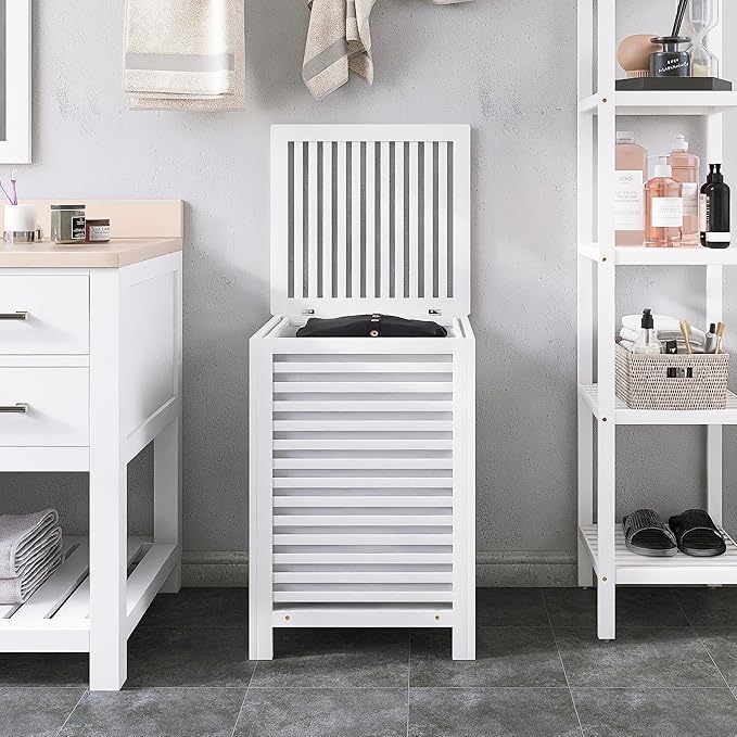 SMIBUY Double Laundry Hamper with Lid, 120L Bamboo Laundry Basket with Removable Liner Bag, 2-Section Clothes Divider Laundry Sorter for Laundry Room, Bathroom, Bedroom (White) - Image 2