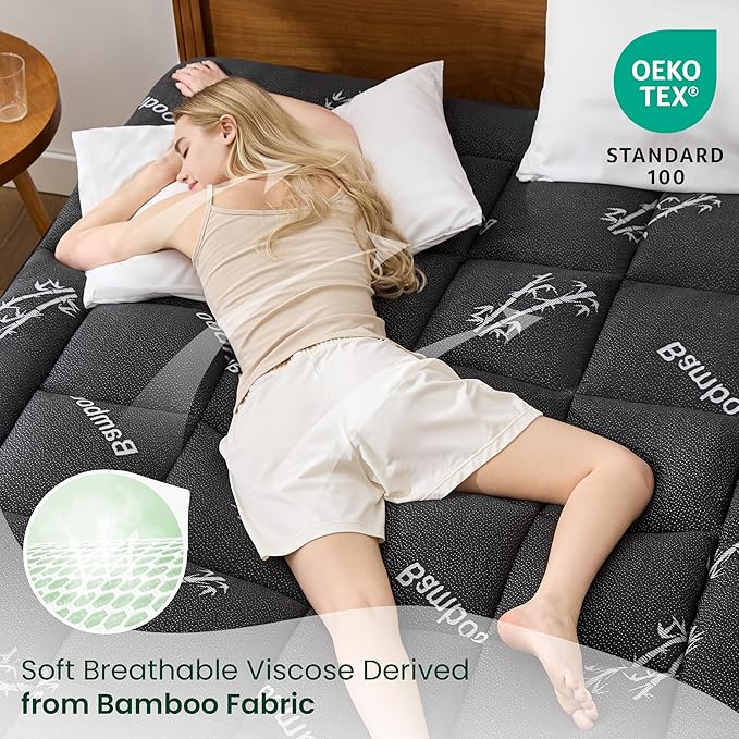 Love's cabin Full Size Mattress Topper Viscose Derived from Bamboo, Thick Pillow Top Mattress Pad with Stretchable Pockets for 8"-20" Mattress, Soft Cooling Mattress Topper for Hot Sleepers, Black