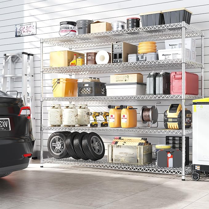 REIBII 55.5" W Storage Shelves 3200LBS Metal Shelving 5 Tier Wire Shelving Garage Shelving Heavy Duty Metal Shelves for Shelving Unit Commercial Adjustable Shelf, 55.5" W X 18''D X 71" H，Chrome - Image 2