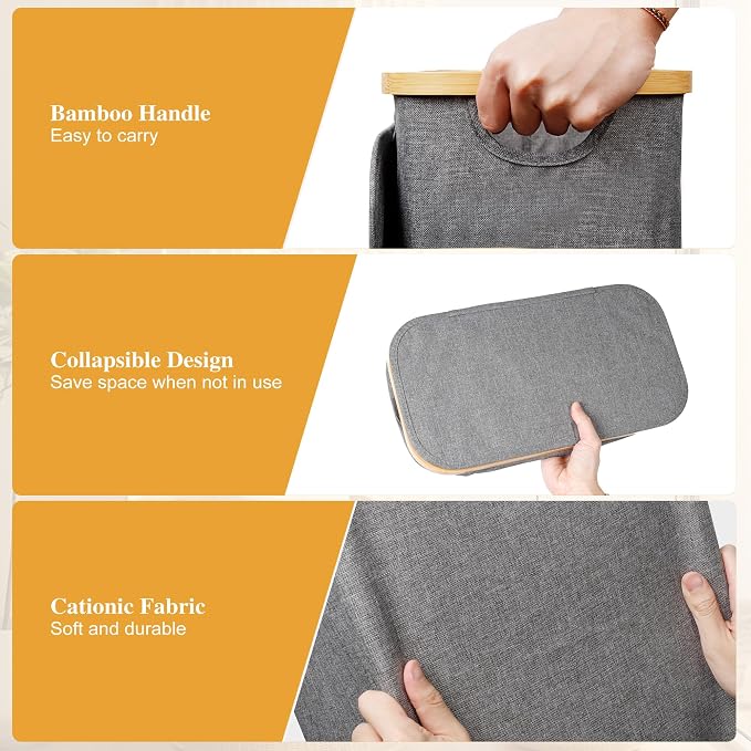 Foluck Slim Laundry Hamper, 60L Waterproof Narrow Laundry Basket with Lid and Removable Bag, Collapsible Tall Clothes Hamper with Bamboo Handles for Clothes Toys in Dorm Bedroom Bathroom, Grey - Image 6