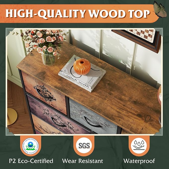 WLIVE 9 Drawer Dresser, Fabric Storage Tower for Bedroom, Hallway, Closet, Tall Chest Organizer Unit for Bedroom with Fabric Bins, Steel Frame, Wood Top, Easy Pull Handle, Pattern - Image 6