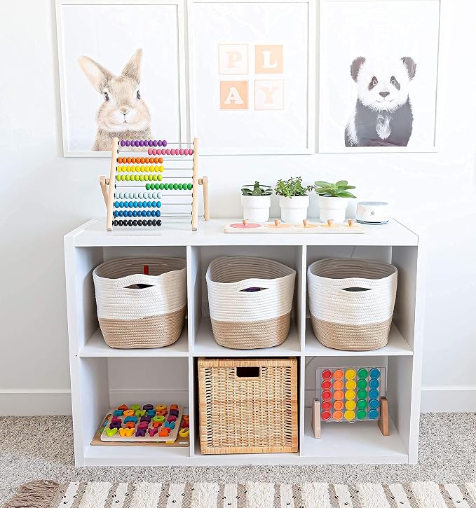 OrganiHaus Rope Baskets for Shelves - Set of 3 Woven Storage Baskets for Organizing, Closet & Toy Storage - Honey/Off-White - 15x9x10 - Image 4