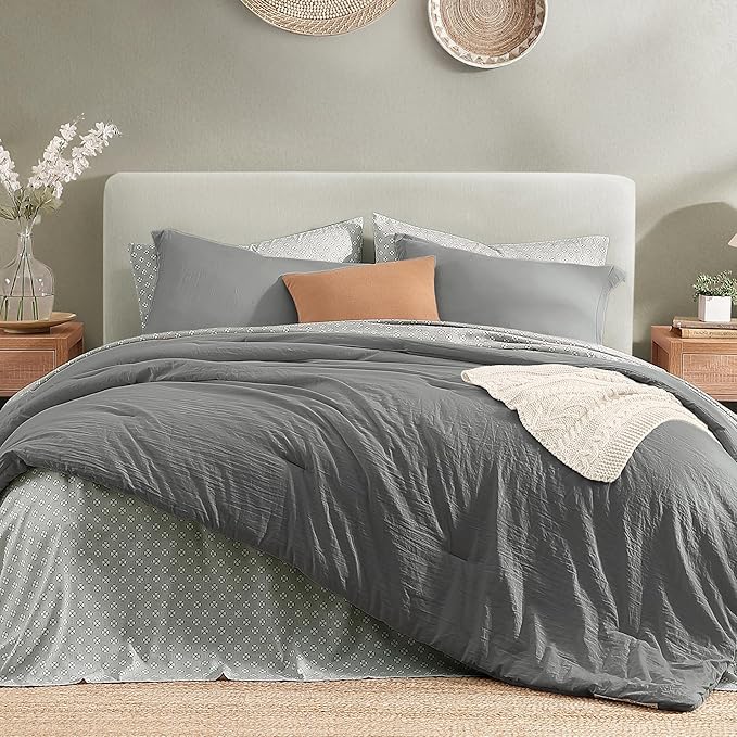 Monbix Queen Comforter Set - 7 Pieces Granite Grey Prewashed Bed in a Bag Queen Bedding Sets with Comforters, All Seasons Ultra Soft Comforter Bed Set with Sheets,Pillowcases & Shams