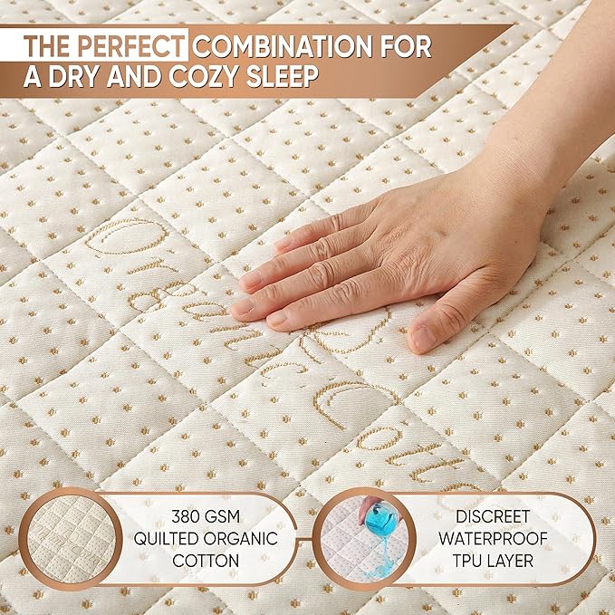 Luxury Quilted Organic Cotton Mattress Protector Full Size - 380 GSM Waterproof & Breathable Pad - Deep Pocket Fitted Cover - Soft & Silent Protection (Cotton Filling)