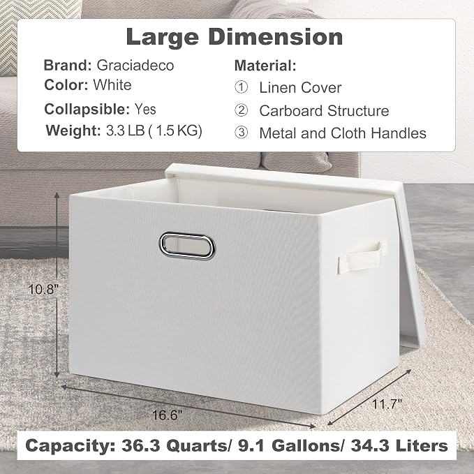 Graciadeco Large 17" 36 Quart Collapsible Stackable Storage Bins with Lids, 1 Pack White Foldable Fabric Closet Storage Boxes with Lids, 4 Handles Heavy-duty Linen Cube Baskets for Bedroom - Image 2