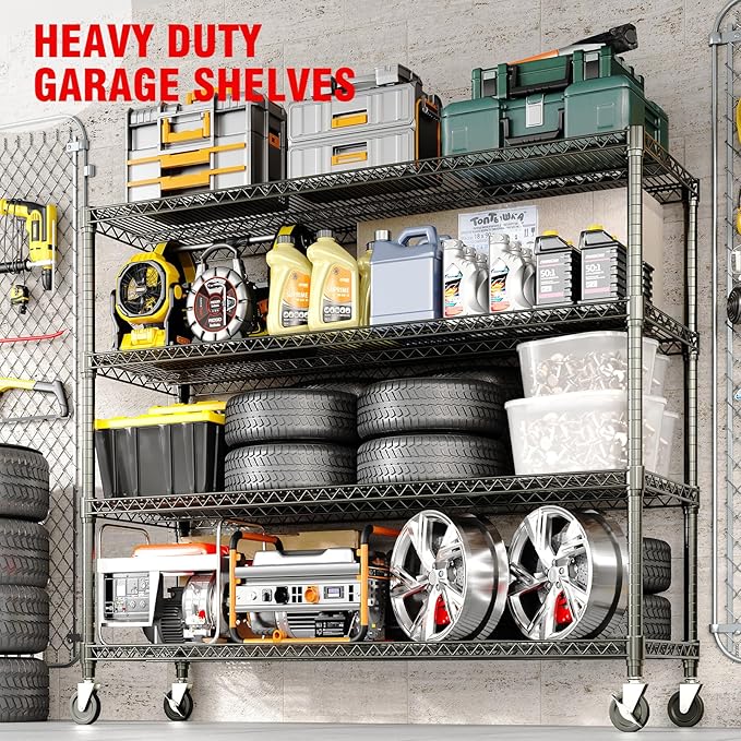 Garvee 4-Tiers Storage Shelves Heavy Duty Garage Shelving Units with Wheels 59" W x 71.8" H, 2640LBS Rolling Wire Shelving Rack, Adjustable Shelf for Garage Kitchen Warehouse Industrial Pantry - Image 7
