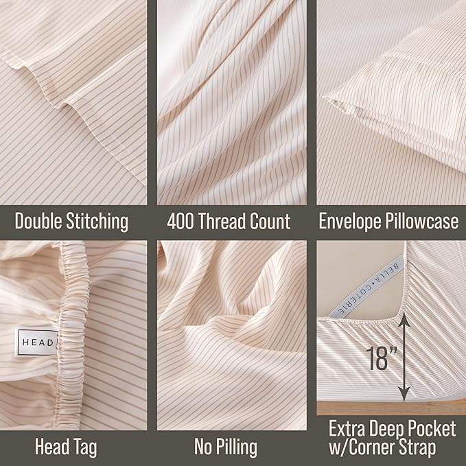 Bella Coterie Luxury Bamboo Viscose King Size Sheet Set | 100% Organically Grown | Ultra Soft | Cooling for Hot Sleepers | 18" Deep Pocket [Striped Dune]