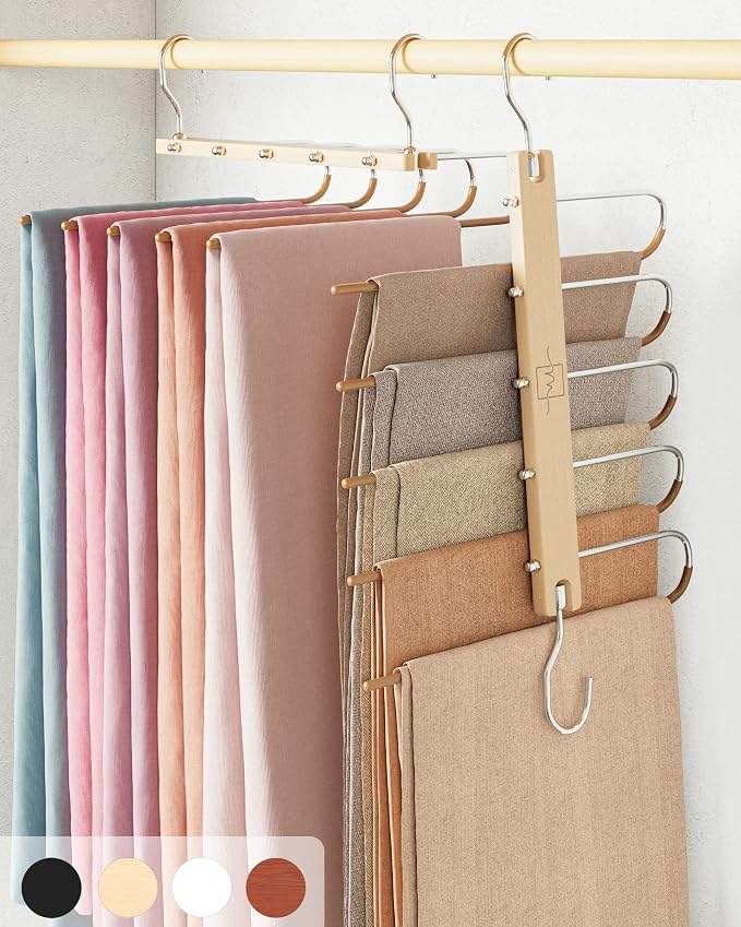 MORALVE Pants Hangers Space Saving - 4 Pack European Beechwood Scarf and Jean Hangers - Closet Organizer and Space Saver Pant Rack, Leggings Hanger, and Scarf Holder with 360° Swivel Hook by MORALVE