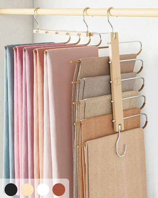 MORALVE Pants Hangers Space Saving - 4 Pack European Beechwood Scarf and Jean Hangers - Closet Organizer and Space Saver Pant Rack, Leggings Hanger, and Scarf Holder with 360° Swivel Hook by MORALVE