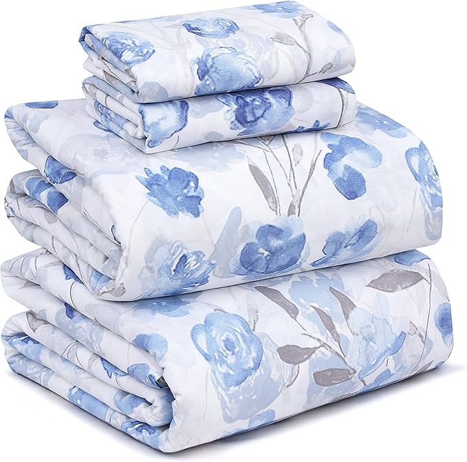 RUVANTI 100% Cotton Sheets – Queen Size Percale Bedding, Cooling & Breathable Floral Design, Durable with a Crisp, Soft & Comfortable Feel, 16" Deep Pocket, 4-Piece Set, Monotones