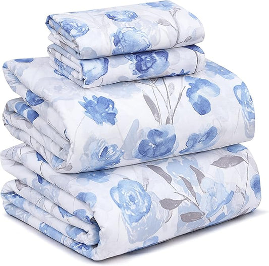 RUVANTI 100% Cotton Sheets – Queen Size Percale Bedding, Cooling & Breathable Floral Design, Durable with a Crisp, Soft & Comfortable Feel, 16" Deep Pocket, 4-Piece Set, Monotones