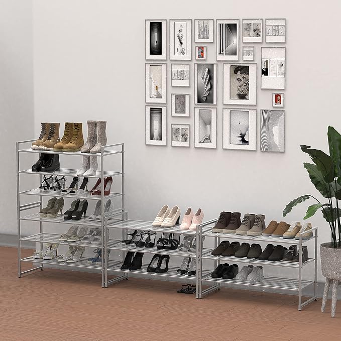 Simple Houseware 3-Tier Stackable Metal Panel Shoes Rack, Silver - Image 2