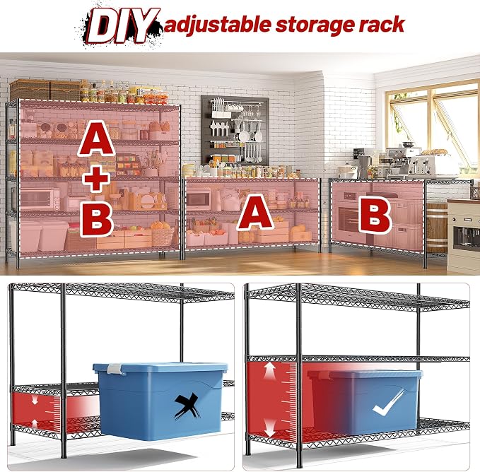 REIBII 3200LBS Storage Shelves 55.5" W Garage Shelving Heavy Duty 5 Tier Adjustable Wire Shelving Unit Metal Shelving for Garage Pantry Commercial Basement,55.5" W X 18''D X 71" H - Image 7