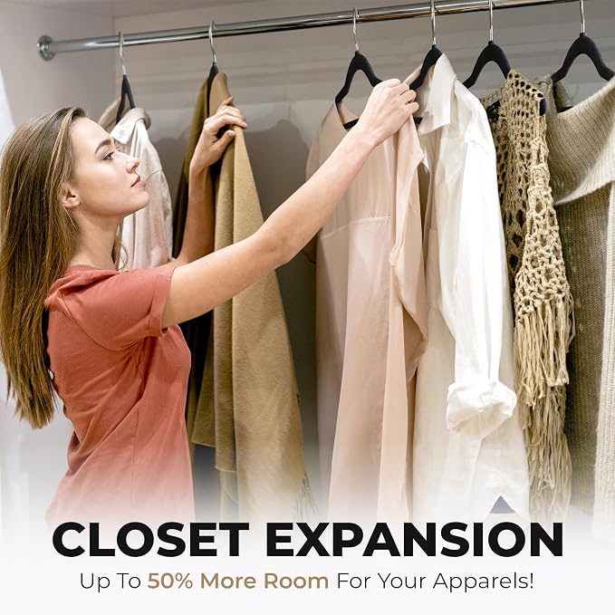 Our Modern Space 100 Pack Velvet Hanger for Shirt Pants Dresses Skirts Suits Jackets - Slim Space Saving Design - Standard Coat Hanger - Sturdy & Durable Design with Shoulder Grooves Hook - Image 6