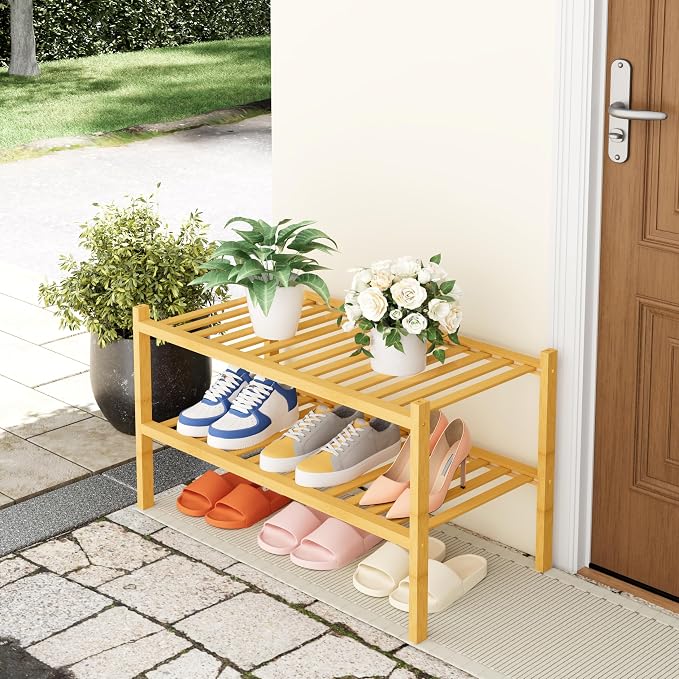 Smiry Shoe Rack, 2 Tier Thick Bamboo Shoe Organizer, Stackable Free Standing Wooden Shoe Storage Shelf for Closet, Entryway, Front Door Entrance, Natural - Image 7