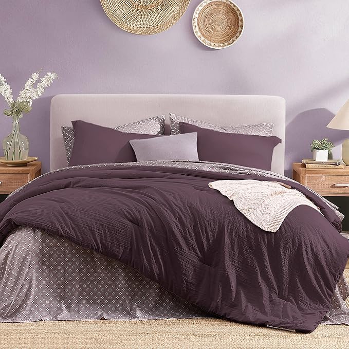 Monbix Queen Comforter Set - 7 Pieces ltalian Plum Prewashed Bed in a Bag Queen Bedding Sets with Comforters, All Seasons Ultra Soft Comforter Bed Set with Sheets,Pillowcases & Shams