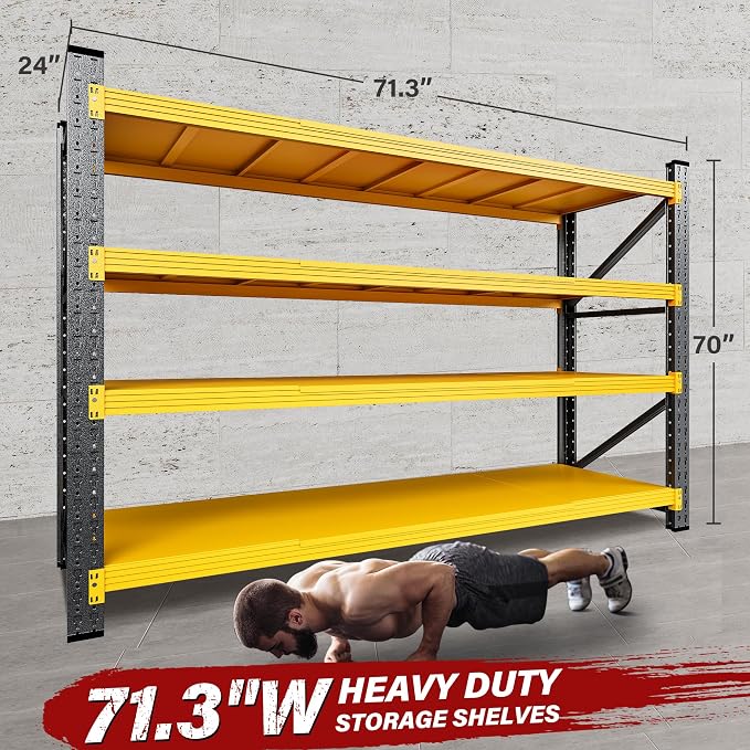 71.3" Wide Heavy Duty Garage Shelving Units,5000LBS Deep Storage Shelves,Yellow Metal Garage Shelves,Steel Shelf,Large Storage Rack,Industrial Shelving for Shop,Warehouse,Basement,71.3"W x 24"D x 70"H - Image 2