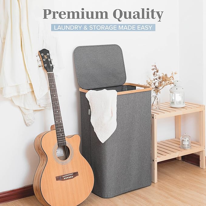 LONBET Laundry Basket with Lid, Made from Breathable Fabric | Aesthetic Clothes Hampers for Laundry with Side Handles & Sturdy Bamboo Frame (26 Gallons - Single, Gray) - Image 8