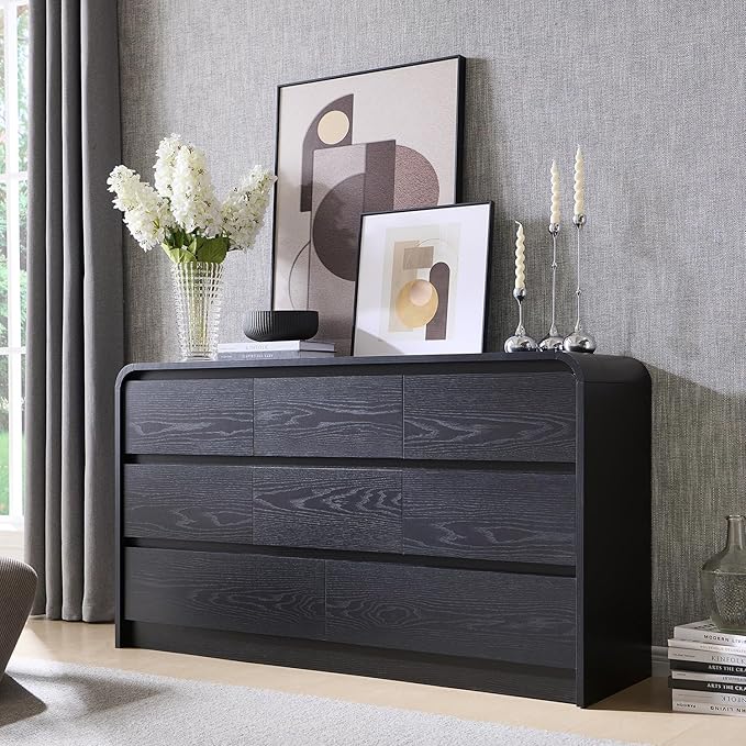 Aitjunz Modern 8 Drawers Dresser for Bedroom, 55" Wide Dressers & Chest of Drawers w/Curved Profile Design, Wood Mid Century Storage Dressers Organizer for Bedroom, Living Room, Black