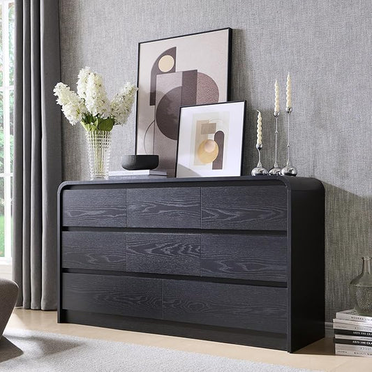 Aitjunz Modern 8 Drawers Dresser for Bedroom, 55" Wide Dressers & Chest of Drawers w/Curved Profile Design, Wood Mid Century Storage Dressers Organizer for Bedroom, Living Room, Black