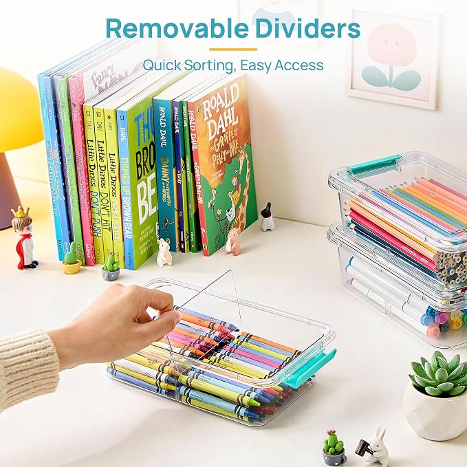 Vtopmart 12 Pack 1.5Qt Clear Pencil Box, Plastic Pencil Holder with Removable Divider for Pen Organizer, Small Stackable Containers with Lid for Pen, Art Craft, Sticker, Scrapbook & Office Supplies - Image 3