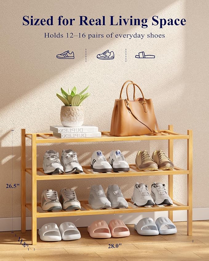Kitsure Bamboo Wooden Shoe Rack for Closet - Stackable Shoe Organizer with Modular Structure, Space-Saving Shoe Shelf for Entryway, Living Room, Bedroom, 26.8" x 11" x 18.9", Natural - Image 4