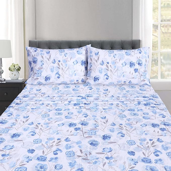 RUVANTI 100% Cotton Sheets – Queen Size Percale Bedding, Cooling & Breathable Floral Design, Durable with a Crisp, Soft & Comfortable Feel, 16" Deep Pocket, 4-Piece Set, Monotones
