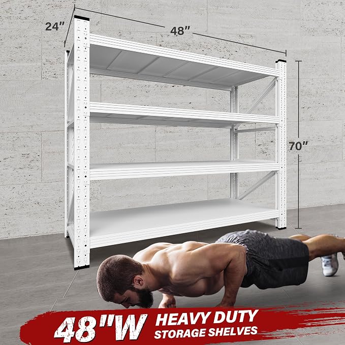 48" Wide Heavy Duty Garage Shelving Units,3000LBS 24 Deep Storage Shelves,White Metal Garage Shelves,Large Storage Rack,Steel Shelf,Industrial Shelving for Shop,Warehouse,48" W x 24" D x 70" H - Image 2