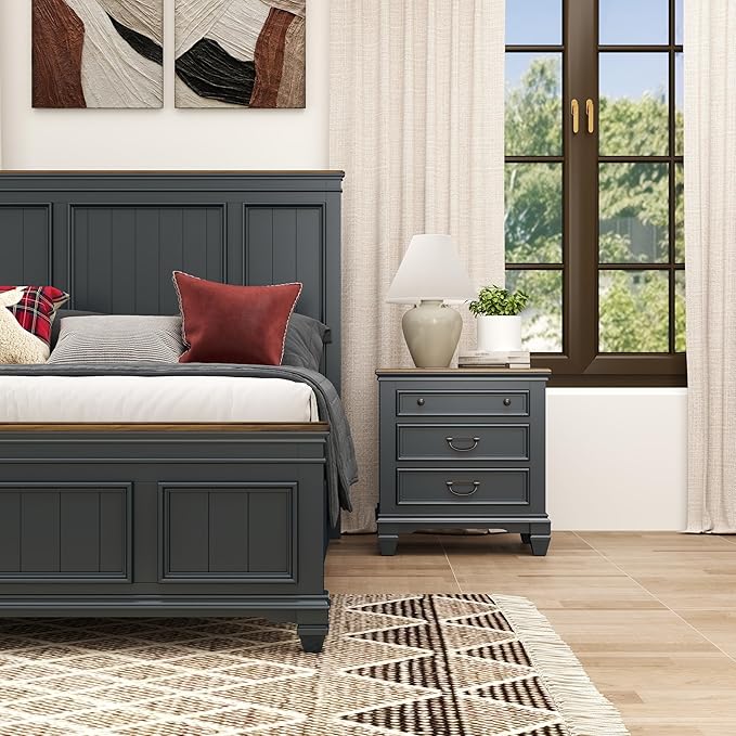 Roundhill Furniture Riverton Wood 3-Piece Bedroom Set, Shiplap Panel Queen Bed with 2 Nightstands in Slate Blue