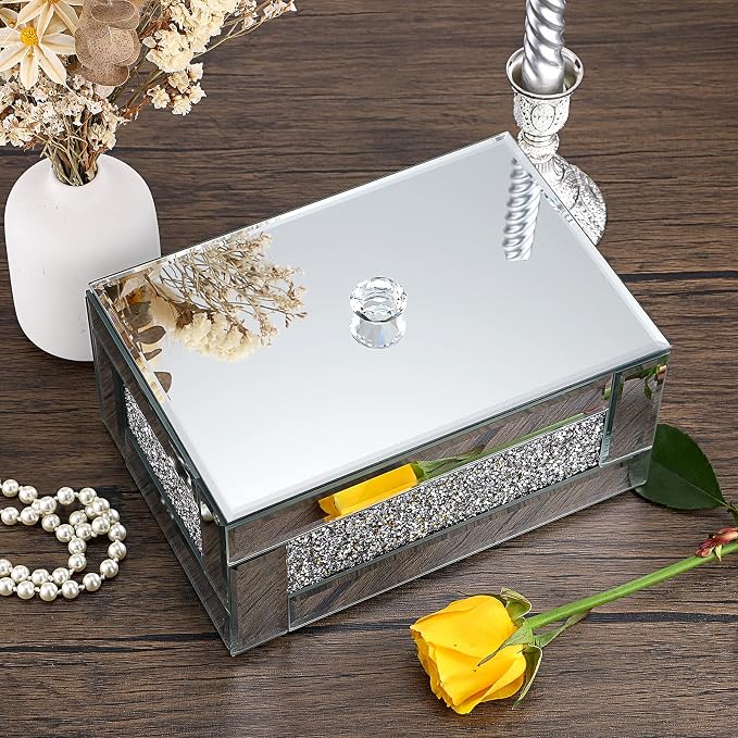 Hipiwe Glass Mirrored Jewelry Box with Crushed Diamond Decor, Trinket Organizer Box Luxury Rings Earrings Necklace Storage Keepsake Box Treasure Chest Case, Silver Large Size - Image 2