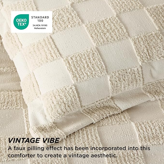 Bedsure Queen Size Comforter Set Mineral Blue, Boho Tufted Bed Set, Checkered Farmhouse Shabby Chic Bedding, 3 Pieces, 1 Plaid Geometric Comforter and 2 Pillow Shams